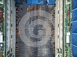 Aerial view shipyard have crane machine and container ship in gr