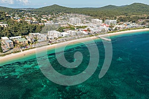 Aerial view of Shoal Bay foreshore and town, Port Stephens, Australia