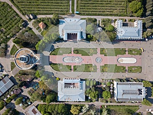 Aerial view shooting from drone of the central symmetrical square of the National Exhibition Center in Kiev, Ukraine.