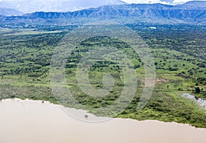 Aerial view of the shore of Abaya Lake and plantations near Arba Minch, Ethiopia