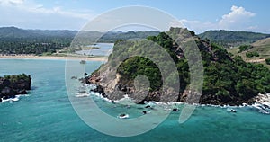 Aerial view of the shore of Lombok, Indonesia with the high cliffs.