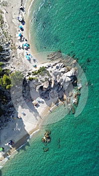 Aerial view of the shoreline of Fava Beach, Sitonia, Halkidiki, Greece