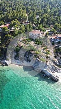 Aerial view of the shoreline of Fava Beach, Sitonia, Halkidiki, Greece