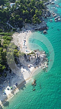 Aerial view of the shoreline of Fava Beach, Sitonia, Halkidiki, Greece