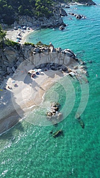 Aerial view of the shoreline of Fava Beach, Sitonia, Halkidiki, Greece