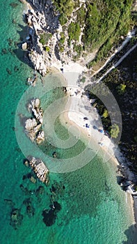 Aerial view of the shoreline of Fava Beach, Sitonia, Halkidiki, Greece