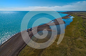 Aerial view of the shoreline of the lake, view from above