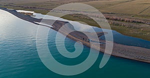 Aerial view of the shoreline of the lake, view from above