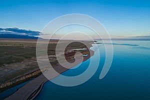 Aerial view of the shoreline of the lake, view from above