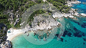 Aerial view of the shoreline of Phaki Beach, Sitonia, Halkidiki, Greece