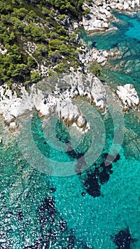 Aerial view of the shoreline of Phaki Beach, Sitonia, Halkidiki, Greece