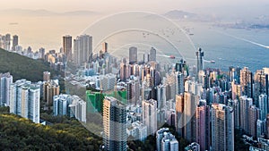 Aerial view shot from drone Victoria Harbour view from Victoria Peak.