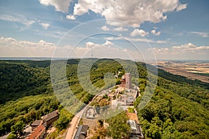 Aerial view shot of Kyffhauserdenkmal mit Kaiser Barbarossa in Kyffhauserland, Germany photo