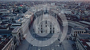 Aerial view Shot Of Milan Cathedral Piazza Del Duomo Di Milano And Galleria Vittorio Emanuele City Center Of Milano