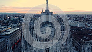 Aerial view Shot Of Milan Cathedral Piazza Del Duomo Di Milano And Galleria Vittorio Emanuele City Center Of Milano