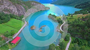 aerial view shot of norwegian with drone nice blue river and mountain