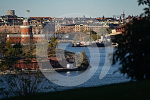 Aerial view shot of Stockholm City Center, summer. Vacation and travel concept