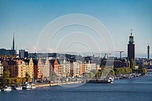 Aerial view shot of Stockholm City Center, summer. Vacation and travel concept