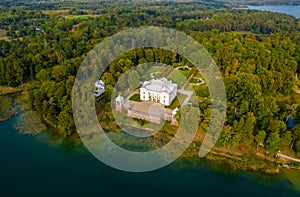 Aerial view shot of Uzutrakis Manor in Trakai, Lithuania during daylight