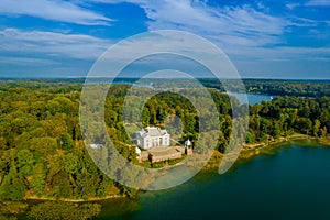 Aerial view shot of Uzutrakis Manor in Trakai, Lithuania during daylight