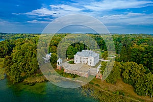 Aerial view shot of Uzutrakis Manor in Trakai, Lithuania during daylight