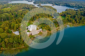 Aerial view shot of Uzutrakis Manor in Trakai, Lithuania during daylight