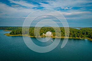 Aerial view shot of Uzutrakis Manor in Trakai, Lithuania during daylight