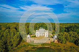 Aerial view shot of Uzutrakis Manor in Trakai, Lithuania during daylight