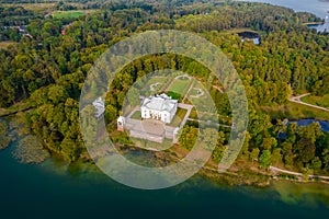 Aerial view shot of Uzutrakis Manor in Trakai, Lithuania during daylight