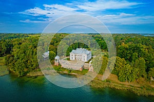 Aerial view shot of Uzutrakis Manor in Trakai, Lithuania during daylight