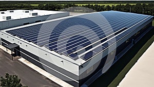 aerial view showing solar panels on roof of a high tech commercial, industrial factory building, sustainable green buildings