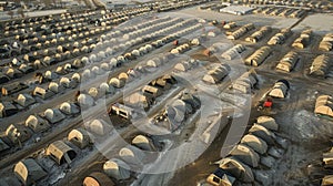 An aerial view shows a sprawling landscape dotted with rows of disaster relief tents. Despite the harsh winter