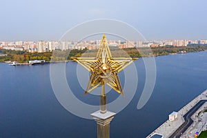 An aerial view shows a star with hummer and sickle on top of North River Terminal or Rechnoy Vokzal in Moscow, early