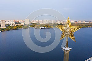 An aerial view shows a star with hummer and sickle on top of North River Terminal or Rechnoy Vokzal in Moscow, early