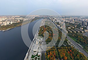 An aerial view shows on top of North River Terminal or Rechnoy Vokzal in Moscow, early September morning