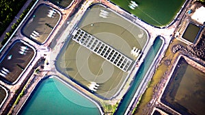 Aerial view of shrimp farm and air purifier in Thailand