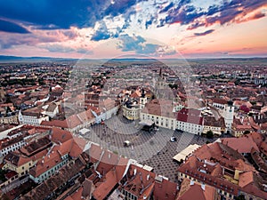 Aerial View of Sibiu at sunset in Transylvania, Rumania photo