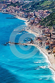 Aerial view Sicily, Mediterranean Sea and coast. Taormina, Italy