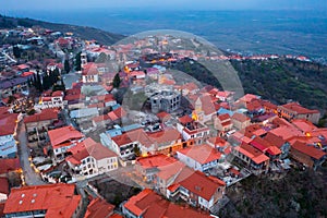 Aerial view of Sighnaghi overlooking Alazani Valley at twilight