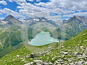 Aerial view of Silvretta reservoir, seen from Bielerspitze. Vorarlberg, Austria.