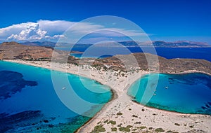 Aerial view of Simos beach in Elafonisos island in Greece. Elafonisos is a small Greek island the Peloponnese with idyllic exotic