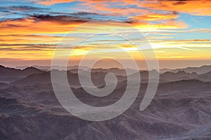 Aerial view of Sinai mountains in Egypt from Mount Moses at sunr