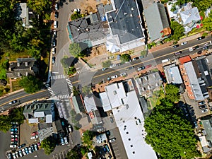 Aerial view of single family homes, a historic small town in New Hope Pennsylvania