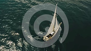 Aerial view of a single-mast yacht gliding along the surface of the water in the open sea.