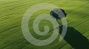 Aerial view of a single tree in the middle of a green field