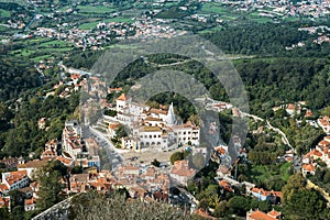 Aerial view of Sintra National Palace in Portugal. Landscape with trees and buildings