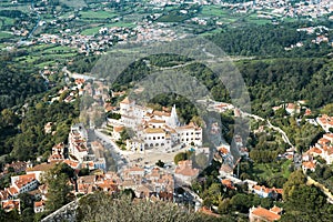 Aerial view of Sintra National Palace in Portugal. Landscape with trees and buildings