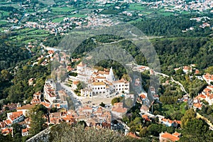 Aerial view of Sintra National Palace in Portugal. Landscape with trees and buildings.
