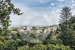 Aerial view of Sintra National Palace in Portugal. Landscape with trees and buildings