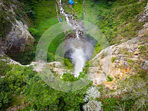 Aerial view Sipiso-piso waterfall in Sumatra, travel destination in Berastagi and Lake Toba, Indonesia